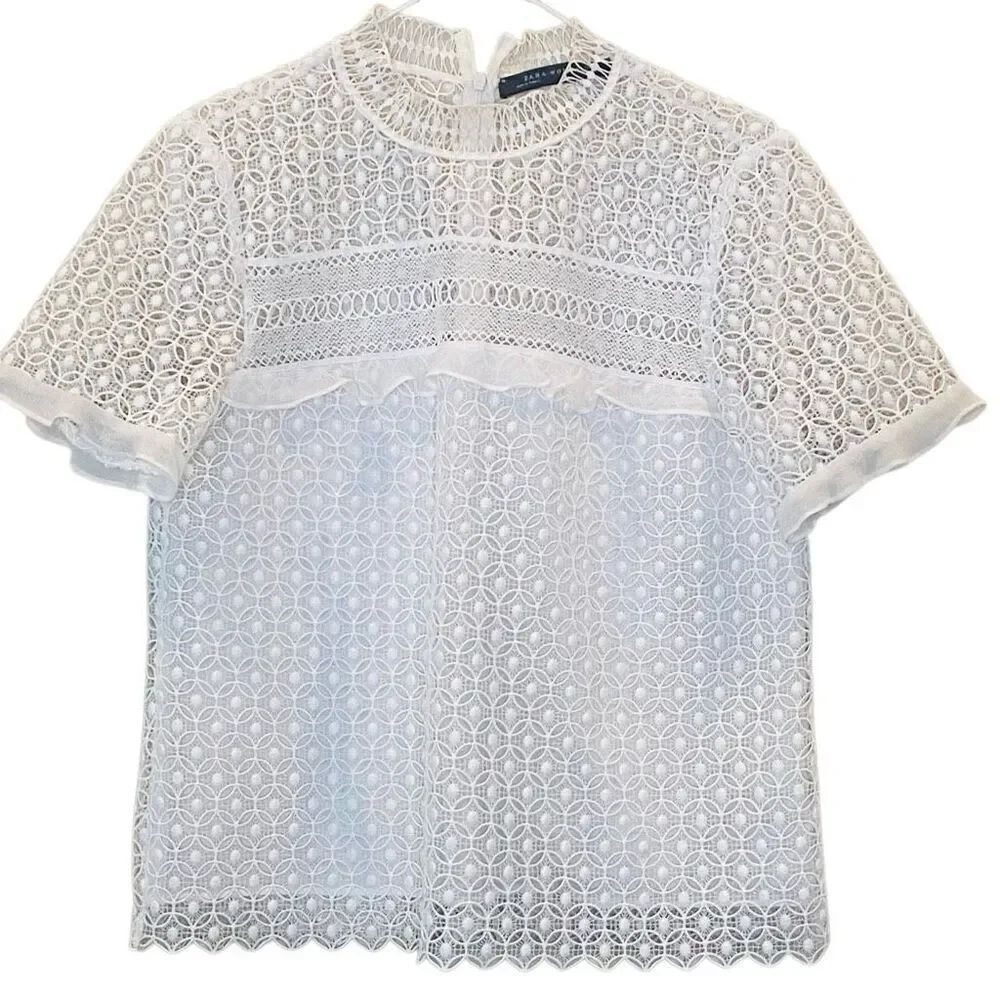 Zara Woman Crochet Lace High Collar Scalloped Trim Blouse White Large